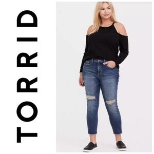 Torrid Light Weight French Terry Cold Shoulder Destructed Sweatshirt in black